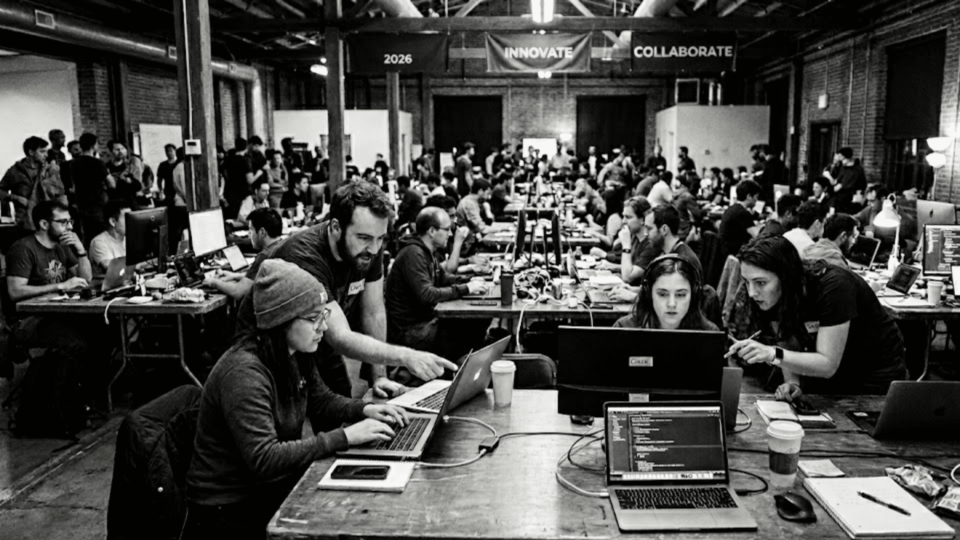 Hackathon participants collaborating at laptops